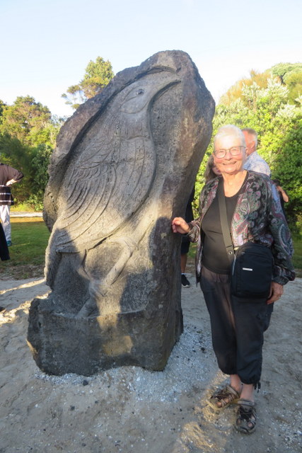 Charmaine with carved Matataa in Regional Park